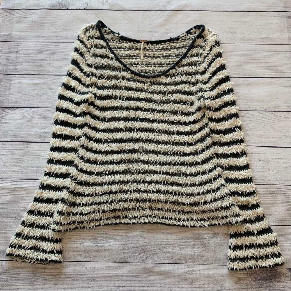 Free People Downy Shaggy Striped Fuzzy Eyelash Sweater Gray Ivory - Picture 2 of 7